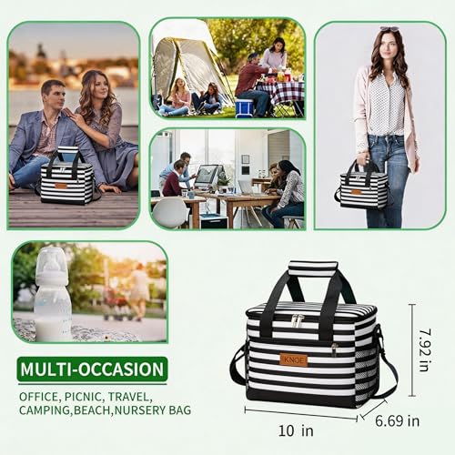 iknoe Insulated Lunch Bag, Foldable 8.5L Cooler Bag for Men & Women, Leakproof Thermal Design, Great for Office, Picnic, Travel, Lunch Box, Stripe - color: Stripes, size: Medium
