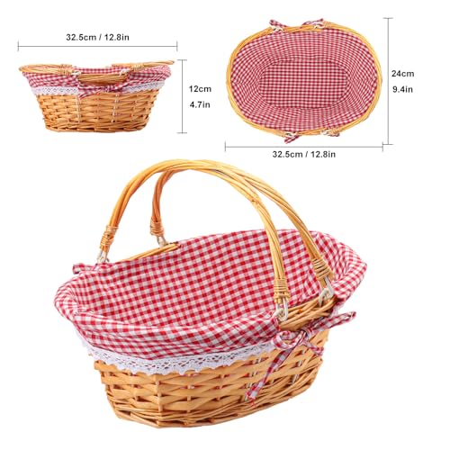 2 Pack 12.6 Inch Natural Wicker Basket with Checkered Lining, Oval Wicker Woven Basket with Handle, Willow Woven Picnic Baskets for Picnic, Camping, Party(Small) - size: 2 Pack 12.6in Natural