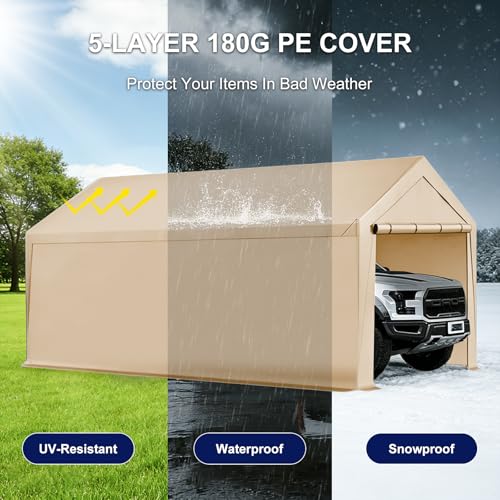 Carport, 10x20ft Heavy Duty Car Port, Portable Garage with Steel Frame, Carports Canopy Storage Shed Party Tent with Waterproof Tarp for Car Boat Truck (Beige) - color: Beige