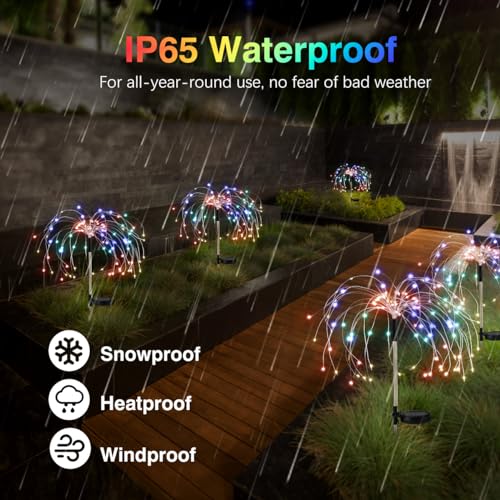 Lewondr Firework Solar Garden Lights, 120 LED Solar Firework Lights with 8 Lighting Modes, Waterproof Sparkler Starburst Solar Lights Outdoor for Yard Porch Patio Backyard Decor Present, 4 Pack - size: 4 Pack, style: Firework Colorful Light