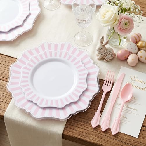 COLOSUS 150pcs Disposable Pink and White Stripped Plastic Plates and Silverware set, Light Pink Dinner/Dessert Plates silverware serve 30guests for Easter Day, Wedding Party and Daily use. - color: White+Pink
