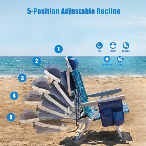 SUNNYFEEL Low Beach Chair, 5-Position Lay Flat Reclining, Backpack Portable Folding Chair with Cooler Bag & Cup Holder, Heavy Duty 350 LBS, Compact for Beach, Camping, Travel - color: Blue Rainforest, size: 1-pack