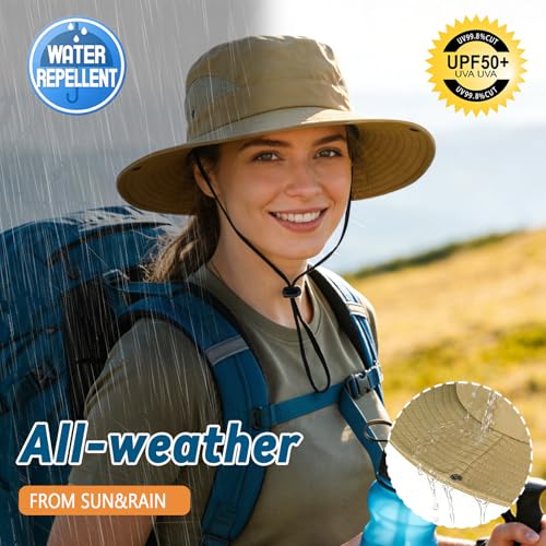 ZOORON Sun Hats for Men Women, Wide Brim Safari Hats UV Protection UPF50+ Waterproof Boonie Hats for Fishing Hiking Camping - color: 1pack-khaki