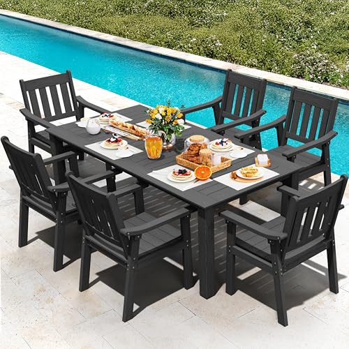 YEFU HIPS Patio Table Set: 7 Piece Outdoor Table and Chairs Patio Furniture Set with Umbrella Hole - Black Modern Plastic Dining Sets 6 Person for Outside Deck with Metal Aluminum Frame - color: Black, size: 7 Piece