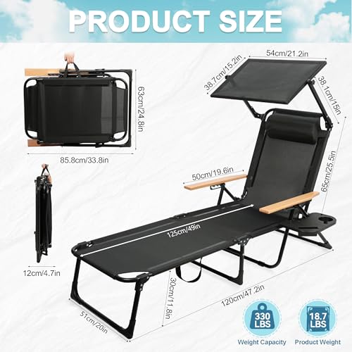 Outdoor Chaise Lounge Chair with 4-Position Adjustable Backrest,Patio Folding Sun Tanning Chair,Pillow & Cup Holder,Portable Recliner Sunbathing Lounger Chairs for Beach Garden (Black with Shade) - color: Black With Shade