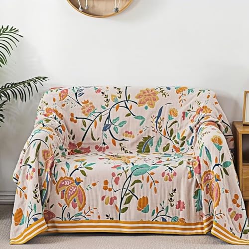 Boho Throw Blanket for Bed 100% Cotton Bohemian Blankets Ultra Soft Woven Muslin Decorative Blankets All Seasons Vintage Quilt Knitted Blanket for Sofa Chair(Yellow, 80"x90") - color: P-1--yellow, size: 80"x90"