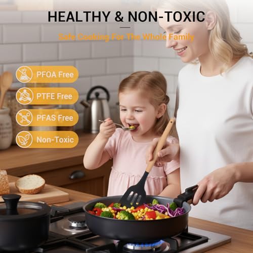 Ammeloo 18-Piece Ceramic Pots and Pans Set Non Stick, Non Toxic Cookware Set with Removable Handles, Pot Sets for Cooking, Induction Ready, Dishwasher & Oven Safe, PFAS PFOA & PTFE Free (Black) - color: Black