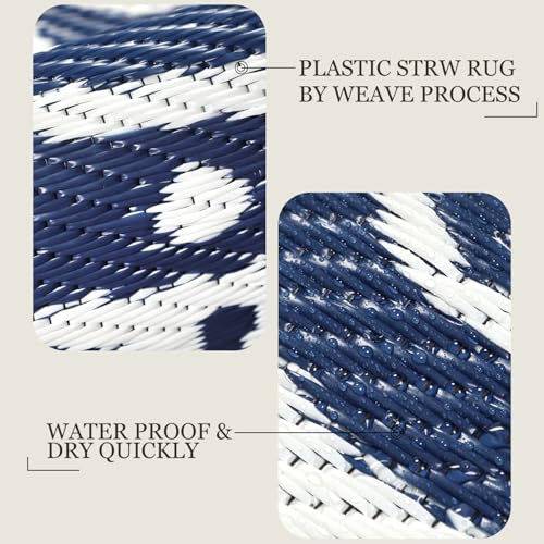 famibay 5 Ft Round Outdoor Rug, Boho Round Patio Rug Waterproof, Outdoor Plastic Straw Rug Camping Rug RV Rugs for Outside Lightweight Portable Reversible Outdoor Carpet for Patio Backyard Porch - color: Dark Blue, size: Round 5ft