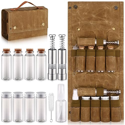 TOBWOLF Camping Spice Kit with 9 Jars, 2 Salt/Pepper Grinders, Portable Spice Bag, Foldable Canvas Seasoning Storage Bag Organizer, Mini Condiment Container Set for Outdoor Camping Picnic BBQ - Khaki - color: Khaki