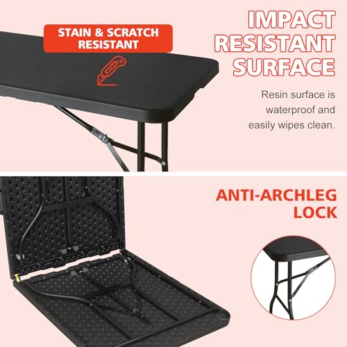 Portable 6Ft Folding Table, Heavy Duty Plastic Fold-in-Half Utility Foldable Dining Table, Multi-Purpose Plastic Folding Table with Carrying Handle for Camping and Party Indoor/Outdoor (Black) - color: Black, size: 6Ft