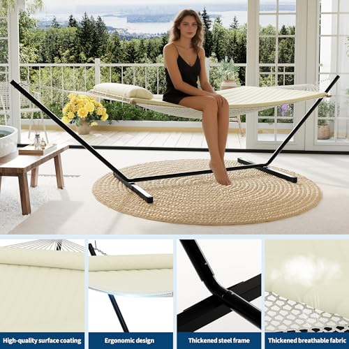 Garvee 2 Person Portable Double Hammock for Outdoor with Pillow, Heavy Duty Portable Hammock with Adjustable Steel Stand for Patio, Garden, Beach, Backyard - color: Off White, size: T-shaped Bracket