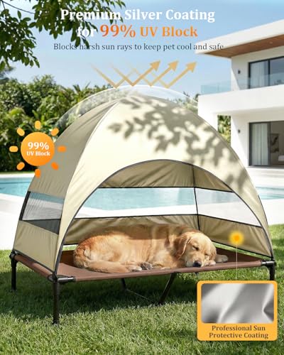 Elevated Dog Bed with Canopy - 3-Sided UV Protection Pet Tent with Wider Shade, Raised Cooling Outdoor Dog Cot with Breathable Mesh for Medium Large Dogs, Portable Bed for Camping, Patio (Khaki, XL) - color: Khaki, size: X-Large