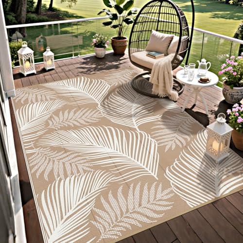 Pauwer Waterproof Outdoor Rug 6x9, Reversible Plastic Straw Patio Camping Rug, Indoor Outdoor RV Mat Carpet for Deck, Camper, Porch, Balcony, Backyard, Picnic, Leaf Brown - color: Leaf Brown, size: 6' x 9' (Rectangular)