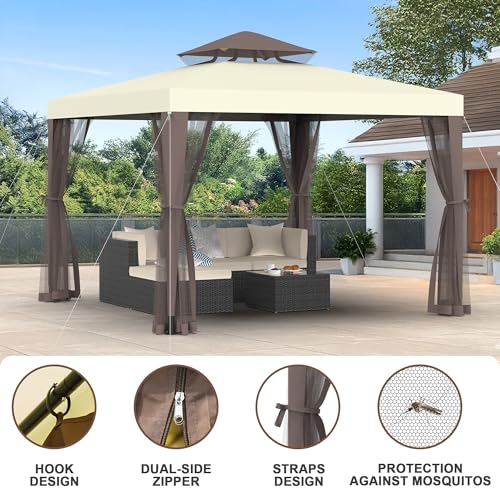Gazebo, 10'x10' Patio Gazebo Outdoor Waterproof Canopy Tent UV-Resistant 2-Tier Top Sturdy Canopy Shelter Tent for Camping with Removable Netting for Garden Patio Backyard (Beige & White, 10' x 10') - color: Beige & White