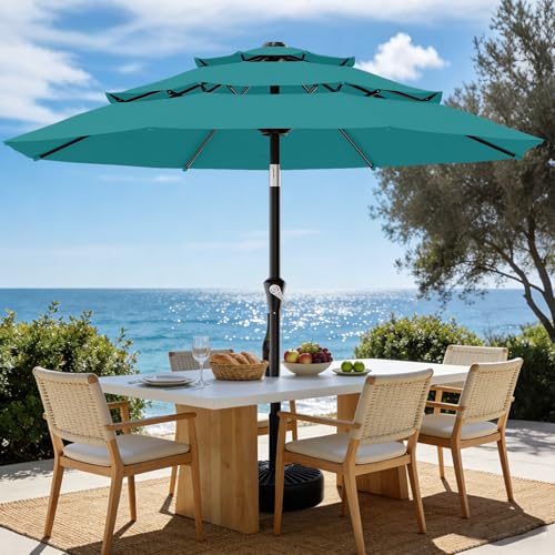 AreShark 9ft 3-Tier Patio Umbrellas, Outdoor Umbrella with 8 Sturdy Ribs UV Protection Windproof, Market Table Umbrella w/Push Button Tilt & Crank for Pool, Porch, Deck, Garden(Lake Blue) - color: Lake Blue