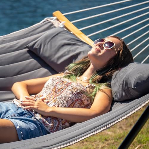55in Hammock with Stand, Heavy Duty Hammock with Stand Included, Two Person Hammock with Curved Spreader Bar, Pillow and Portable Bag, 450 Lbs Capacity, Dark Gray - color: Dark Gray