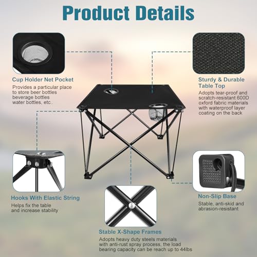 TeqHome Portable Camping Table,Folding Camp Table,Lightweight Waterproof Canvas Beach Tables for Outside with 2 Cup Holders & Carry Bag for Camping, Picnic, Beach, Fishing, Travel and Outdoor RV
