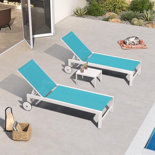 PURPLE LEAF Outdoor Lounge Chairs Set of 2 White Aluminum Chaise Lounge Chair Five-Position Adjustable Chaise Lounges with Wheels and Table for Pool Deck Patio, Turquoise - color: Turquoise, style: Standard Straight-leg