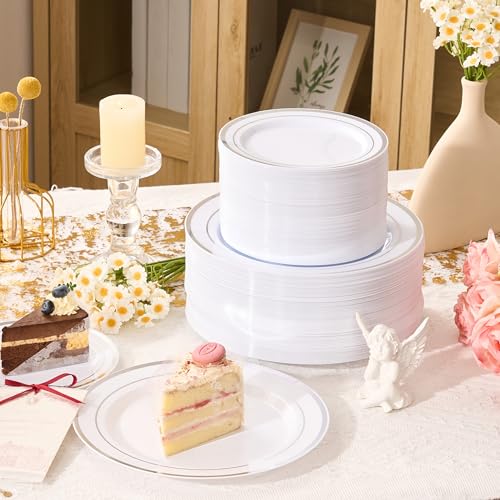 Fijinhom 100PCS Silver Plastic Plates, Disposable Plates with 50PCS 10" Dinner Plates & 50PCS 7" Dessert Plates for 50 Guests, Plastic Party Plates for Wedding, Birthday, Silver - color: Silver, size: 50 Guests-100pcs