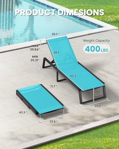Aluminum Chaise Lounge Chair Outdoor, Foldable& No Assembly Patio Pool Lounge Chairs 5-Position Recliner for Outside, Fully Grounded Legs Sun Lounger for Poolside, Lake Blue, 2 Pack - color: Lake Blue, size: 2
