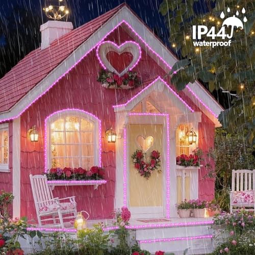 YEGUO Solar Rope Lights Outdoor Waterproof, 66ft 200 LED Pink String Lights, 8 Modes Fairy Lights in Clear Thin Tube - color: Pink