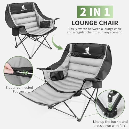 GEERTOP Oversized Padded Camping Chair for Adults with Removable Foot Rest Heavy Duty Extra Wide Compact Outdoor Folding Chair with Cup Holders 400lbs Capacity for Lawn Fishing Sports