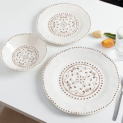 LEHAHA Beaded Crackle 12 Piece Melamine Camping Dinnerware Set, Plates and Bowls Sets, Indoor and Outdoor Use, Break-Resistant Rustic RV Dishes Set, Service for 4(Ivory)… - color: Ivory