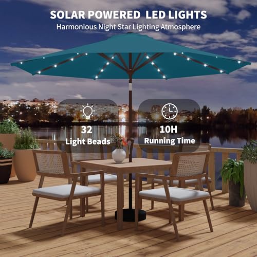 Kingdura 10FT Outdoor Patio Umbrella with Solar Lights, Market Table Umbrella with Push Button Tilt & Crank, 8 Sturdy Ribs, 32 LED Lights, UV Protection for Garden Lawn Deck Backyard Pool (Lake blue) - color: Lake blue-LED, size: 10 Ft