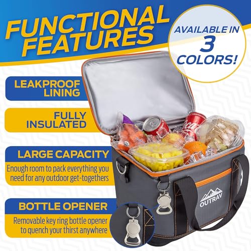 Collapsible Insulated Cooler Bag – 6L Thermal Lunch Bag with Bottle Opener, 16 Can Capacity – Perfect For Camping, Picnics and Travel - Handles and Removable Shoulder Strap - By Outrav - color: Grey with Orange Trim