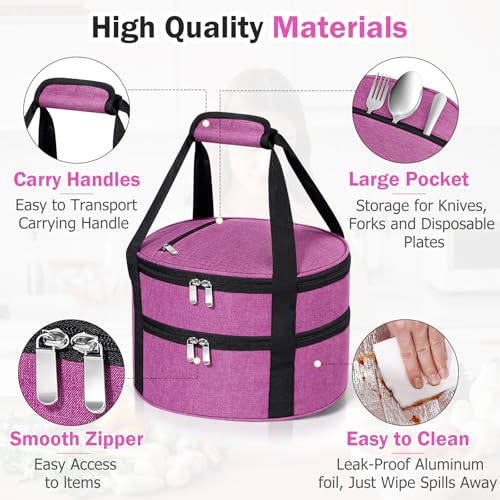 Round Double Insulated Casserole Carrier – 12" Portable Pie Carrier Bag for Hot or Cold Food, Leakproof Thermal Lunch Tote with Handle for Parties Picnic & Travel - Rose Red - color: Pink, size: Double