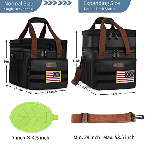 Tactical Lunch Box for Men- Large Insulated Lunch Bag-Expandable Adult Lunch Box with Adjustable Shoulder Strap-Large Lunch Tote Bag for Work Camping Fishing (Black-Leather) - color: Deep Black
