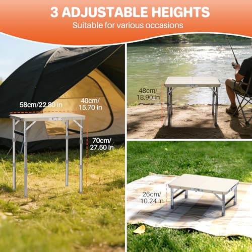 FUNYKICH Camping Table with Waterproof Plastic Tabletop 22.8''x15.7'', 3 Height Adjustable Small Folding Table, Lightweight Portable Picnic Table with Carry Handle for Picnic, Beach, Travel, White - color: White