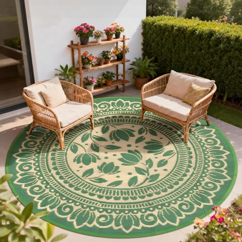 8ft Round Waterproof Outdoor Patio Rug, Large Lightweight Plastic Woven Rug, Reversible Boho Floral All-Weather Beach Mat for RV Camping, Picnic, Deck, Porch, Backyard and Garden, Green - color: Green Flower, size: 8' (Round)