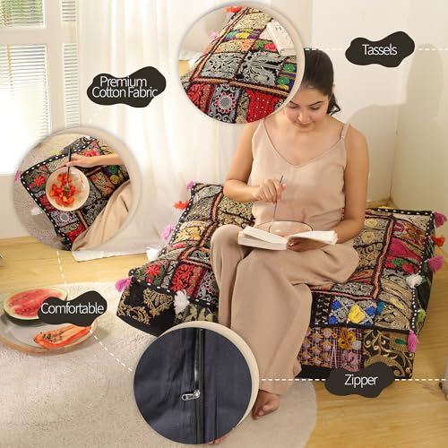 THE ART BOX Cotton Patchwork Vintage Boho Embroidered Floor Pillows & Cushion Cover Dog Pouf Seating Pouf Meditation Pillow Pet Bedding Cat Bed Boho Home Décor (35x35 Inches, Cover Only) - color: Black