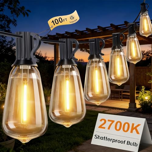 100FT Outdoor String Lights, Waterproof Patio Lights with Clear Shatterproof Plastic ST38 Vintage Edison Bulbs, Connectable Outside Hanging Lights for Backyard, Porch, Deck, Balcony, Garden, 2700K - size: 100FT-1