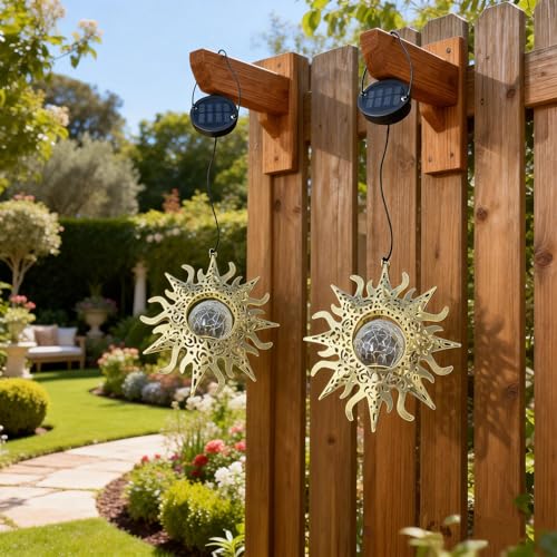 Hanging Solar Sun Lights Outdoor Waterproof Decor, 2 Pack Metal Daystar Shell & Glass LED Globe Lanterns for Garden, Backyard, Balcony, Patio, Tree, Wall, Mother's Day Gifts for Women Mom