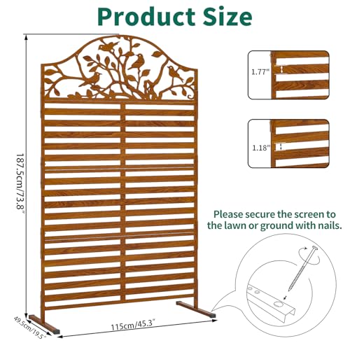 Metal Outdoor Privacy Screen, Decorative Privacy Panel with Tree Bird Design, Weatherproof Freestanding Modern Privacy Fence Divider for Patio, Deck, Backyard, Porch & Balcony (1, Walnut) - color: Walnut