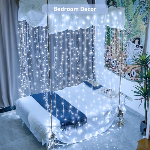 JMEXSUSS 300 LED 9.8x9.8Ft Curtain Lights Indoor with Remote, White Christmas Lights Plug in, 8 Modes White String Lights for Bedroom Wall Wedding Reception Dorm Party Backdrop Window Outdoor Decor - color: White, size: 300 LED