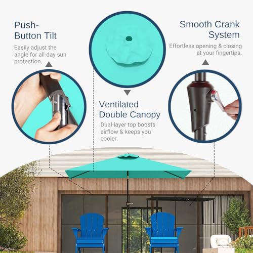 6.5' x 10' Rectangular Patio Umbrella Large Outdoor Market Umbrella w/ UV Protection, Push Button Tilt and Crank Lift, Rectangle Table Umbrella for Garden, Deck, Pool, Patio, Turquoise Blue - color: Turquoise Blue