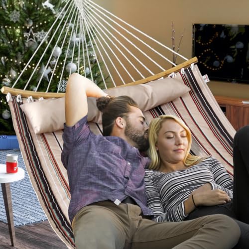 Double Hammock, 11 FT Quilted Fabric 2 Person Hammock for Outside with Pillow, Folding Curved Spreader Bar, Chains, Carrying Bag, Indoor Outdoor, 450 IB Capacity, Havana Brown - color: Havana Brown