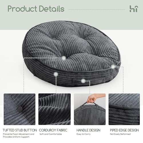 HIGOGOGO Floor Pillow Cushion for Adults, Meditation Cushion Pillow, Large Round Floor Sitting, Removable Tufted Corduroy Cover, for Tatami Living Room or Yoga, 22x22 Inch, Dark Grey - color: Round Dark Grey, size: 4" Thick(Pack of 1)