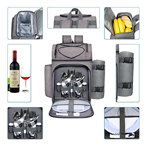 Hap Tim Picnic Basket Backpack for 2 Person with 2 Insulated Cooler Compartment, Wine Holder, Fleece Blanket, Cutlery Set, Gifts Ideals for Wedding, White Elephant, Bridal Showers, Christmas - color: Gray, size: 2 Person