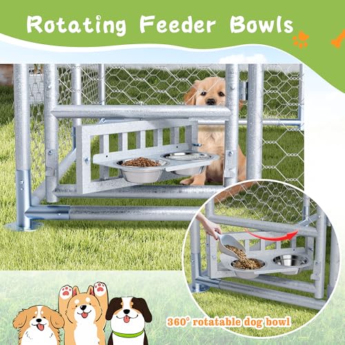 Grepatio Outside Dog Kennel with 2 Rotating Feeder Bowls, 7.5'x7.5' Outdoor Dog Kennel with Waterproof, Dog Enclosure for Large Dogs, Dogs Kennels Run Dog Playpen Fence with Secure Lock (7.5x7.5 FT) - size: 7.5x7.5 FT