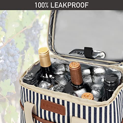 opux 6 Bottle Carrier Tote | Insulated Padded Wine Cooler Bag for Travel. Picnic, BYOB | Portable Leakproof Wine Tote Bag for Dinner, Party, Christmas, Wine Gift for Women, Men (Stripe Navy) - color: Stripe Navy, size: 6 Bottle
