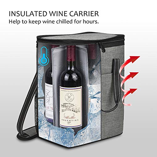 Tirrinia 6 Bottle Wine Gift carrier, Insulated Leakproof Padded Wine Cooler Carrying Tote Bag for Travel, Camping and Picnic, Perfect Wine Lover Gift, Grey - color: Grey