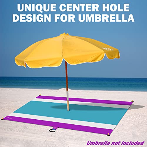Purple Water-Resistant, Sandproof 10x9ft Beach Blanket With Umbrella Hole–Beach Mat, Compact and Lightweight, Stuff Sack, 4 Stakes, Sand Pockets, Works with Beach Canopies, Umbrellas, Kids Tent - color: Purple, size: 9x10