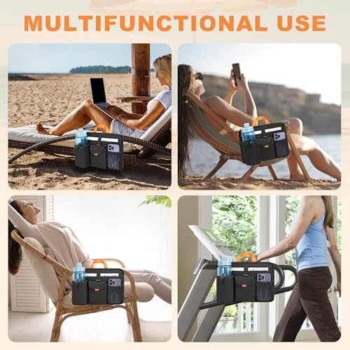 Beach Chair Cup Holders, Arm Organizer for Camping with 2 Self-Adhesive Fastener Strap, Hanging Bag Insulation with 4 Pockets, Camp Chair Accessories for Water Bottle, Magazine, Black, Patent Design - size: M