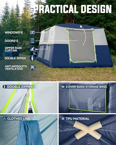 CORANI 14.1'x6.5'x9' Inflatable Tents for Camping, Portable 6/8/10 Person Blow Up Air Tent, Waterproof Windproof Easy Setup Large Family Tent with 2 Doors, 6 Windows, Mosquito Screen - color: Navy Blue, size: 10 person 14.1x9ft