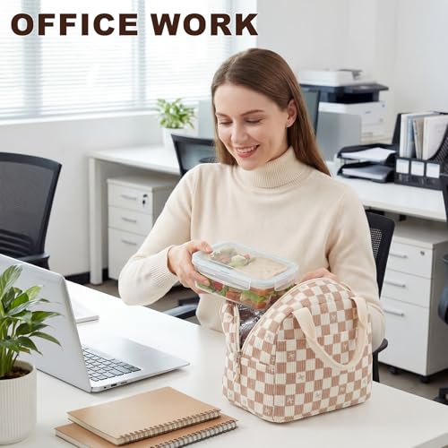 LEDAOU Lunch Box for Women Insulated Lunch Bag Corduroy Lunch Tote Bags Leakproof Cooler Lunch Case for Travel Work Picnic (rown Checkered Bow) - color: Brown Checkered Bow