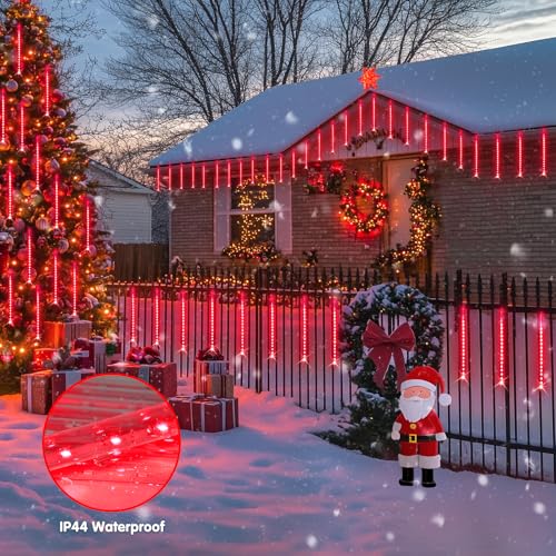 JMEXSUSS Red Solar Christmas Lights Outdoor, 8 Tube 144 LEDs Solar Meteor Shower Rain Lights, Red Twinkle Light for Tree Eaves Fence Christmas Decorations - color: Red, size: 1*144LED